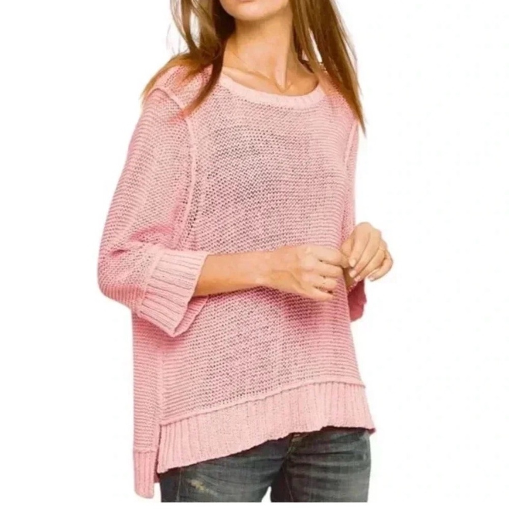 WOODEN SHIPS Easy Peasy‎ 3/4 Crewneck Cotton Sweater Open Knit Pink Top S/M